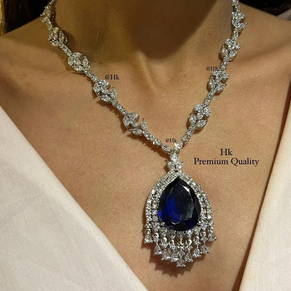 Kate Blue Diamond Necklace Pendant CZ Necklace Long Necklace Pear Shape Diamond Tear Drop Diamond Necklace Statement Necklace Gift for Her