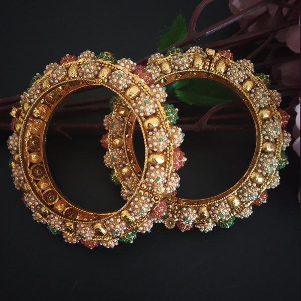 Traditional Pearl Indian bangles, Ethnic Kundan kada bangles, Jadau kundan bangles Gold bangles, Kundan bangle set