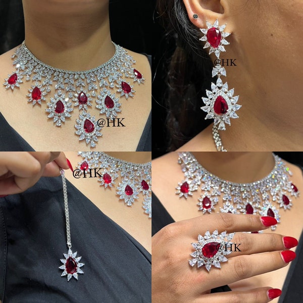 Ruby Red Rhodium Clear CZ Necklace With Earrings and Tikka And Ring American Diamond CZ Necklace Choker Necklace Cubic Zirconia Necklace