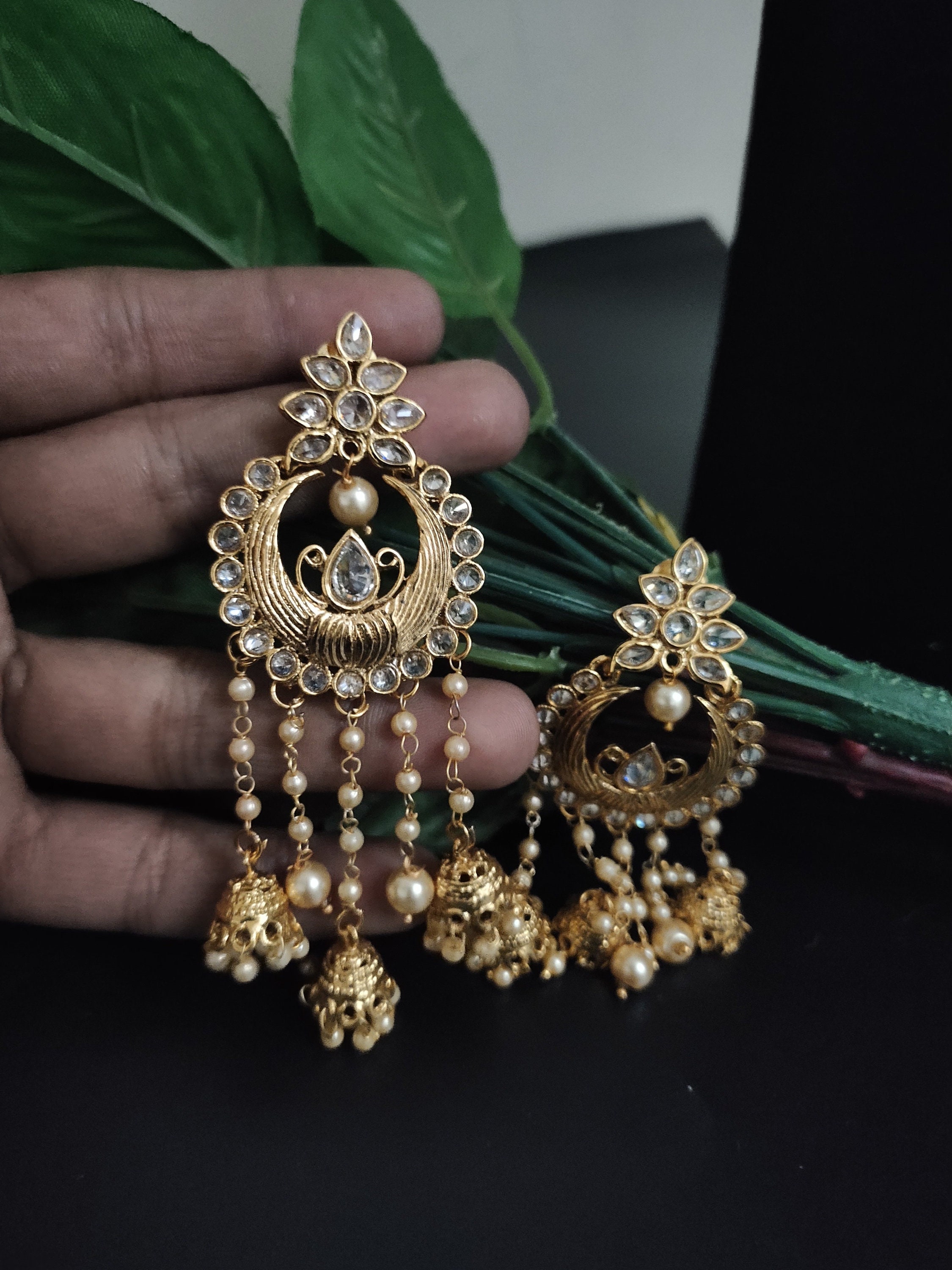 Golden Kundan & Pearl jumar Earrings/ Indian Jewelry/ Indian | Etsy