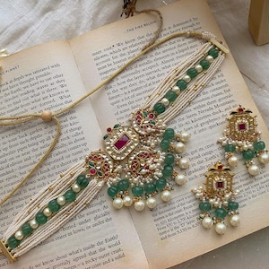 Sabyasachi  inspired green Colure Pachi Kundan Choker with Beautiful Heavy Jhumki , Bridal Set Raj Wada Haar