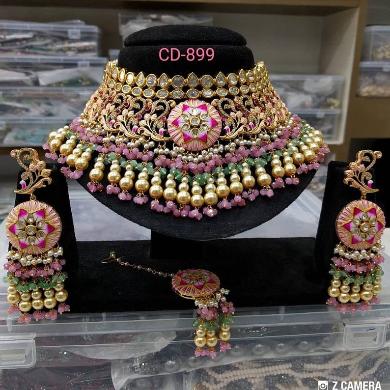 Necklace Set Indian Bridal Jewelry Sparkly AC kundan choker Ahmedabadi Necklace set with beautiful earring  Pakistani Jewelry