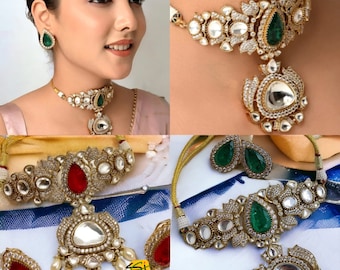 High Quality Uncut Polki Kundan Choker with Earrings/ Wedding Necklace Set/ Sabyasachi Inspired Kundan Jewellery/ Indian Kundan Jewellery
