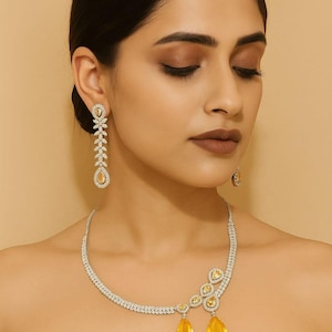 American Diamond Pendant Necklace Set / CZ Necklace/Indian Jewelry/ AD CZ Choker /Clear Silver Crystal Set / Party Wear set