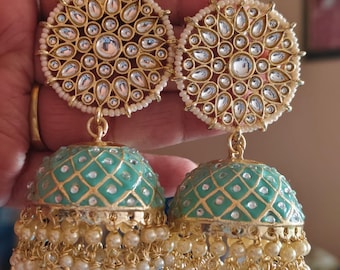 Elegant Uncut Polki kundan Mint Green Jhumka Earrings / Latest Meenakari Earrings Kundan Earring / Jadau Kundan Earring / Bridesmaid earring