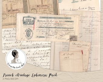 French Handwritten Documents Digital Papers, PNG Files, Vintage Invoices Checks Manuscript, 1800s Collage Sheets, Mixed Media Art Journal