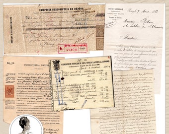 Efímeras francesas antiguas digitales / Paquete de papel vintage imprimible / Cheques y facturas vintage de Francia