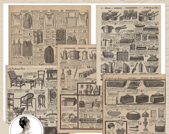 Digital Vintage Catalogue  Pages | Digital French Magazine with 1920s Household Items | Sepia Papers to Download