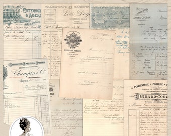 Paquete de facturas francesas de principios del siglo XX: 9 documentos imprimibles, cartas comerciales antiguas con membretes decorados, paquete grande en formato JPG para descarga digital.