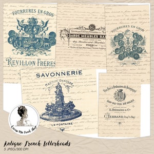 Imprimibles de membrete francés vintage / Efímeras antiguas para revistas, collages, álbumes de recortes / Papel digital francés. Descarga archivos JPEG.