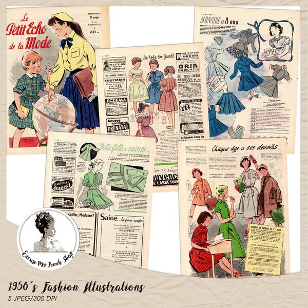 Digital Vintage Fashion | Digitals Child Fashion Illustrated Digitals | French 1950s Newspaper Pages to Download | Petit Echo de La Mode