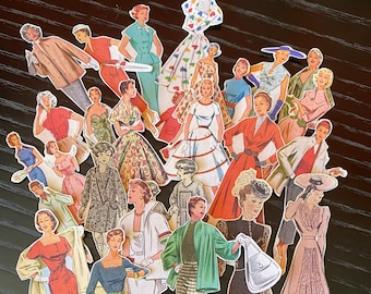 Vintage 1950s Fashion Model Stickers | Handmade Matte Paper, 21 Piece