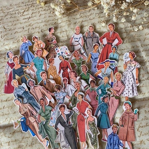 Stickers personnages rétro x 28+ pièces | Pack d'autocollants colorés vintage pour femmes et enfants | Grand lot d'autocollants représentant des poupées en papier françaises
