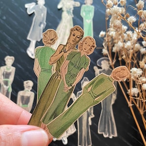 Vintage Frauen Mode Aufkleber | Mädchen mit grünem Kleid | Grüne Sticker Damen | 1930er Jahre Mode-Aufkleber leicht abziehen | KOSTENFREIER VERSAND