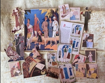 1920s French Fashion Stickers 18pc, Tropical Beach Writing Lady, Colourful Vintage Women Junk Journal Scrapbook + Free Washi Sample