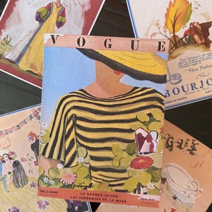 May include: A vintage Vogue magazine cover featuring a woman wearing a yellow and black striped shirt with a large hat. The cover is surrounded by other vintage magazine covers.