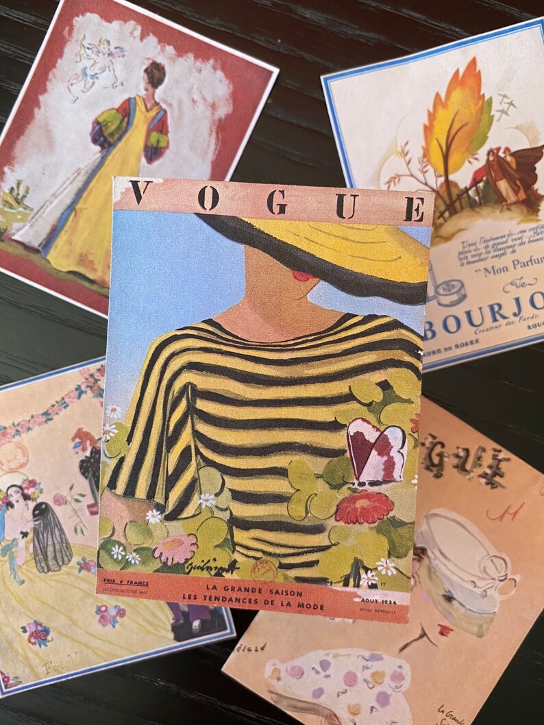May include: A vintage Vogue magazine cover featuring a woman wearing a yellow and black striped shirt with a large hat. The cover is surrounded by other vintage magazine covers.