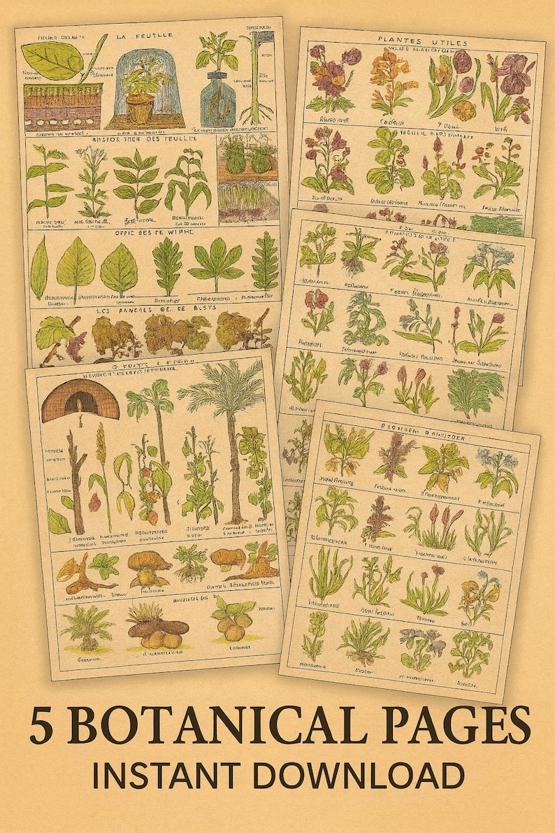 Puede incluir: Cinco p&aacute;ginas bot&aacute;nicas vintage con ilustraciones detalladas de plantas y hojas. Las p&aacute;ginas presentan texto manuscrito y dibujos en un estilo cl&aacute;sico. El texto en la parte inferior dice "5 BOTANICAL PAGES INSTANT DOWNLOAD".