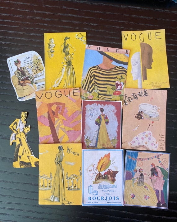 Yellow Vintage Magazine Cover Stickers 11 Pieces, 1920s French Fashion Illustration, Sunny Retro Ladies Junk Journal Scrapbook