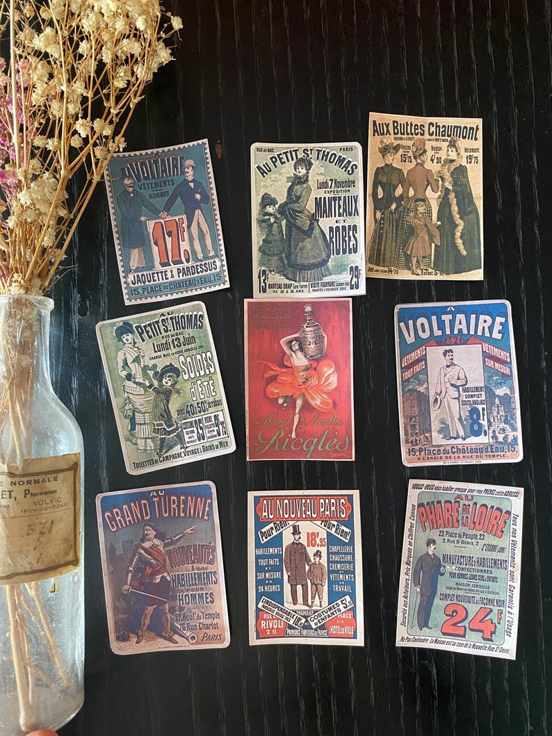 Réplicas de carteles publicitarios vintage y pegatinas / Carteles retro de juguetes, moda y repostería en francés / Papelería artesanal imagen 1