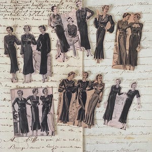 May include: A collection of vintage fashion illustrations featuring women wearing various styles of dresses. The illustrations are cut out and pasted on a sheet of paper with handwritten notes.