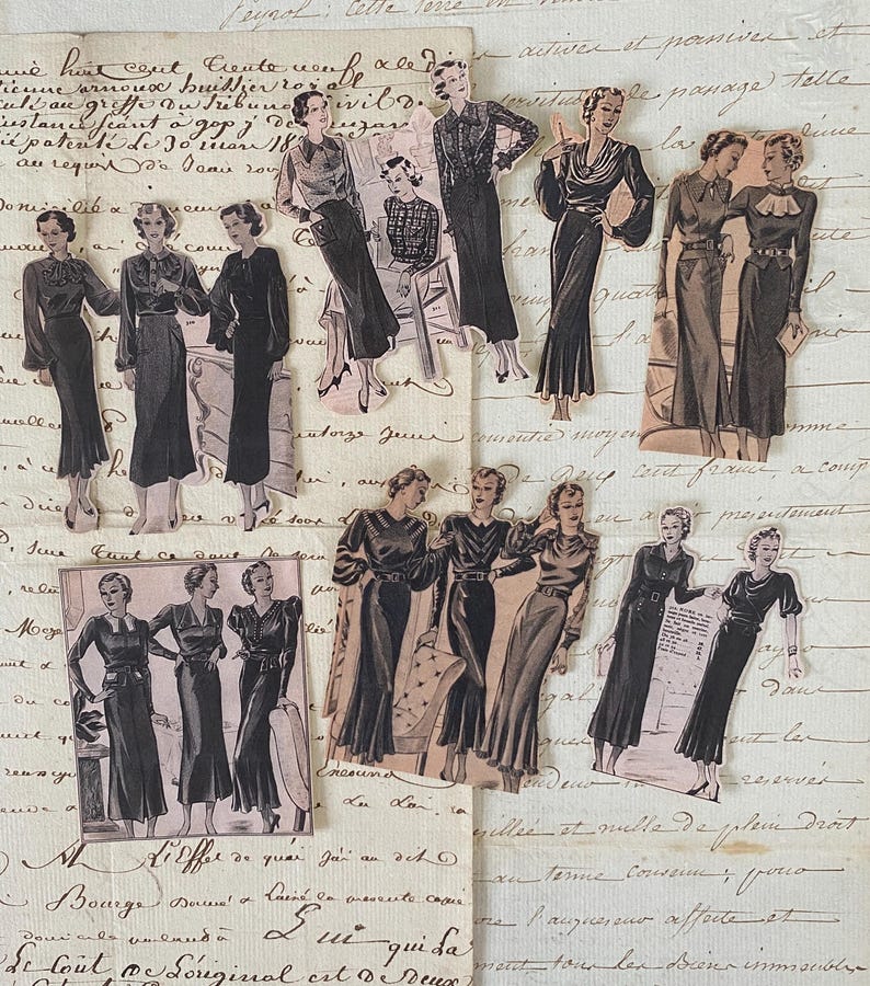 May include: A collection of vintage fashion illustrations featuring women wearing various styles of dresses. The illustrations are cut out and pasted on a sheet of paper with handwritten notes.