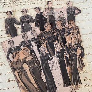 May include: A collection of vintage fashion illustrations featuring women wearing various styles of dresses and blouses. The illustrations are printed on paper and have a faded, antique look.