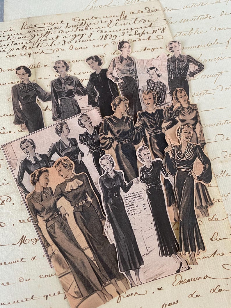 May include: A collection of vintage fashion illustrations featuring women wearing various styles of dresses and blouses. The illustrations are printed on paper and have a faded, antique look.