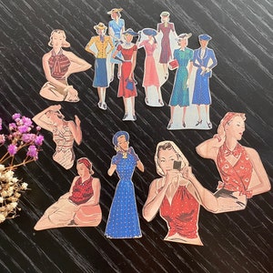Pegatinas elegantes de moda femenina: ilustraciones francesas vintage para diarios, scrapbooking, collages y cartas a amigos por correspondencia.