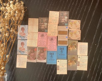 Mini French Ephemera Stickers 24pc, Colourful Tiny Postcards Portraits Flowers, Happy Mail Junk Journal 2.5 x 3.5cm