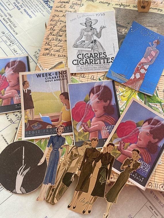 French Vintage Cigarette Ad Stickers | Art Deco Glamour Ephemera | Gitanes Style Retro Advertising | Junk Journal Dark Academia Scrapbook