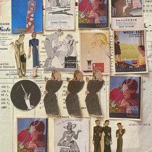Puede incluir: Un collage de anuncios vintage para cigarrillos, con im&aacute;genes de mujeres fumando y texto en franc&eacute;s. Los anuncios incluyen marcas como Gitane, Primerose y Week-End. El collage est&aacute; hecho de varios recortes de papel e incluye una lista de precios para cigarrillos.