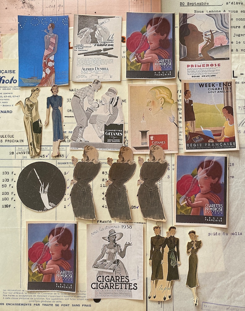 Puede incluir: Un collage de anuncios vintage para cigarrillos, con im&aacute;genes de mujeres fumando y texto en franc&eacute;s. Los anuncios incluyen marcas como Gitane, Primerose y Week-End. El collage est&aacute; hecho de varios recortes de papel e incluye una lista de precios para cigarrillos.
