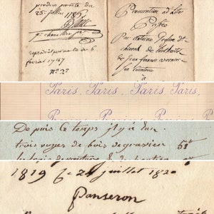 May include: A collage of antique handwritten documents. The top left document is dated 25 July 1785. The top right document is titled "Procuration ad liter". The middle document has the word "Paris" written repeatedly. The bottom documents are dated 1819 and 1820.