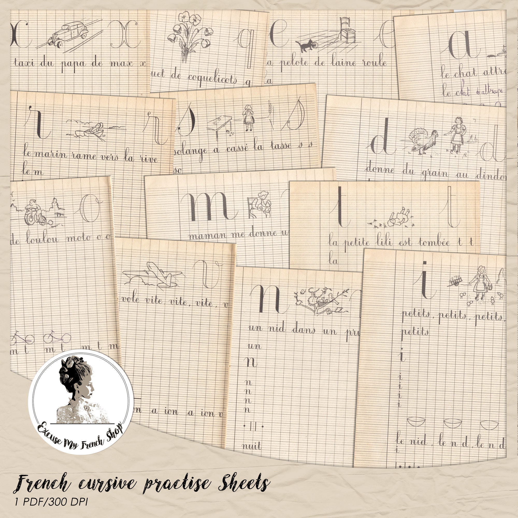 french cursive practice sheets printables etsy