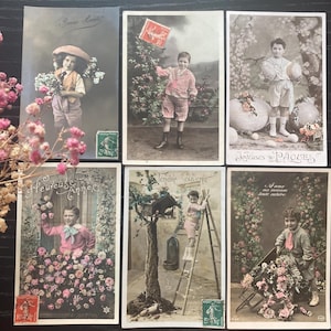 1900er Jahre Antike Postkarten von kleinen Jungen | Vintage Kinderbilder | Sammlung französischer Postkarten x 6 Stück | Gebrauchte Karten Fotografien