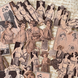Petits stickers représentant des femmes vintage dans des tons marron | Lot de 25 autocollants sépia | Stickers jolies filles | Grand paquet d'autocollants kraft pour collages