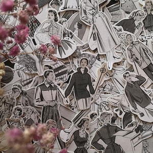 60+ Sticker von Vintage Style Damen | Große Packung Retro Mädchen Aufkleber | Schwarz & Weiß handgemachte Aufkleber für Journaling KOSTENFREIE VERSAND
