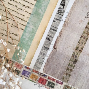 May include: An artistic collage featuring various decorative tapes with vintage newspaper and botanical designs. The tapes are layered over aged paper and handwritten script, creating a textured, layered effect. The color palette includes beige, green, and muted tones.