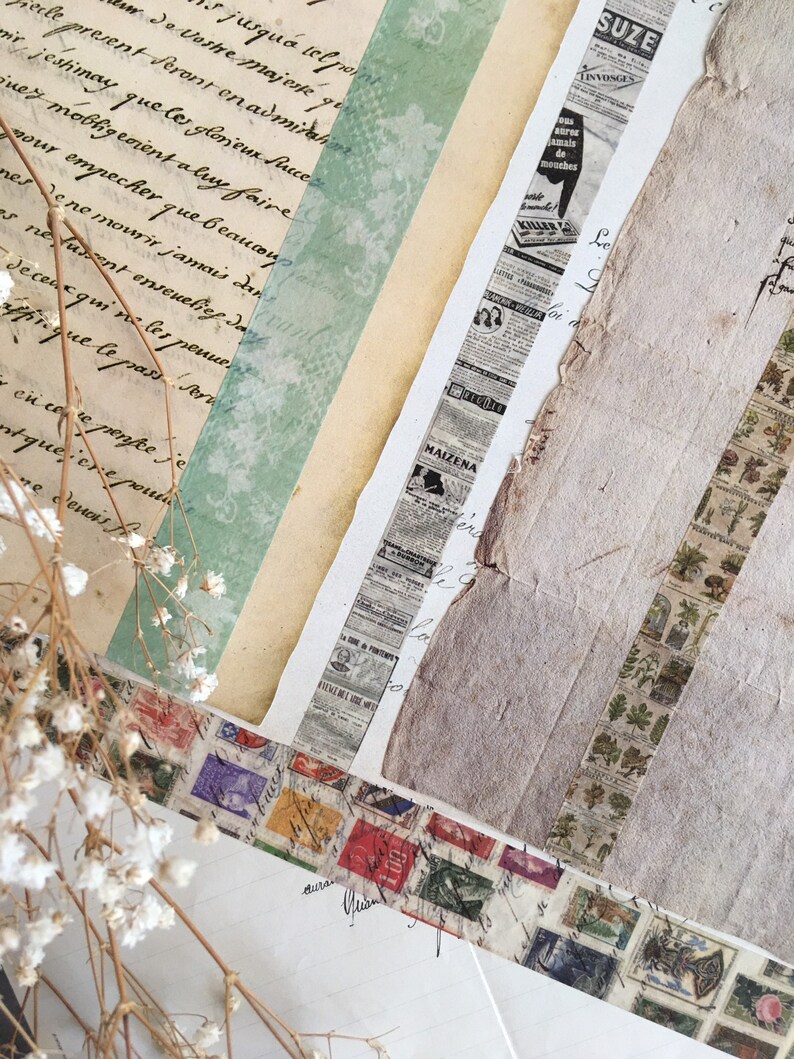 May include: An artistic collage featuring various decorative tapes with vintage newspaper and botanical designs. The tapes are layered over aged paper and handwritten script, creating a textured, layered effect. The color palette includes beige, green, and muted tones.