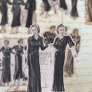 May include: Two vintage illustrations of women wearing black dresses. The illustrations are printed on a white background with text describing the dress fabric and sizes. The text reads: "312. ROBE en las nage pure laine, boutons et boucle m&eacute;tal. Se fait en marine, noir, n&egrave;gre et vert bouteille. Du 36 au 46... 39. 48 et 50... 47. 54 et 54... 55. Frais d'exp&eacute;d. 1."