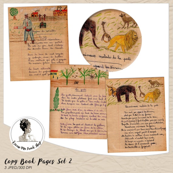 Printable Vintage Paper French Child Drawings And Cursive Handwriting Copybook Pages 1940s