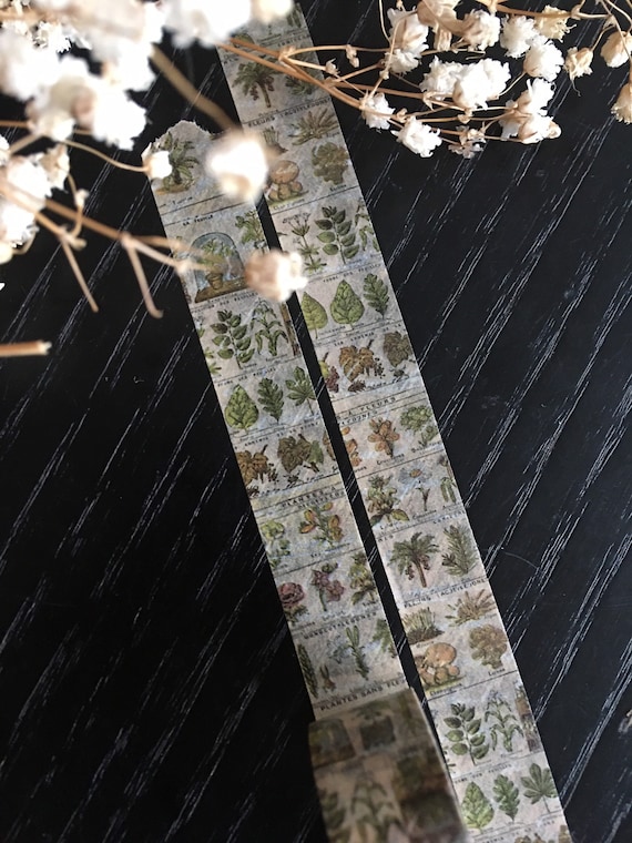 Botanical Washi Tape 1.5cm, Vintage Plant Leaves Trees French Design, Plant Lover Journal Scrapbook Gift + Free Washi Sample
