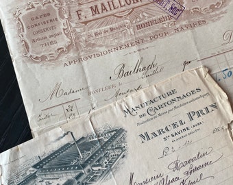 Antique French invoices with gorgeous letterheads, French vintage papers, Ephemera Paper early 1900s