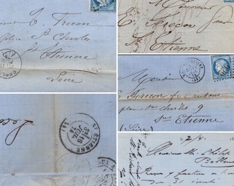 Puede incluir: Un primer plano de una carta antigua con texto escrito a mano y varios sellos. La carta está dirigida a "G. Precon" en "St. Etienne, Loire". Los sellos son de Francia y muestran el texto "REST A PARIS" y "ST ETIENNE".