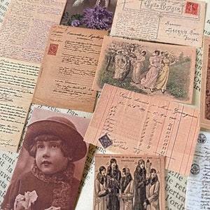May include: A collection of vintage postcards featuring images of people, flowers, and text. The postcards are in various shades of brown, cream, and white. The text on the postcards is in French.