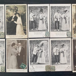Immagini romantiche d'epoca / Cartoline antiche del 1900 x 10 / Immagini di matrimoni d'epoca / Collezione di cartoline francesi usate in bianco e nero