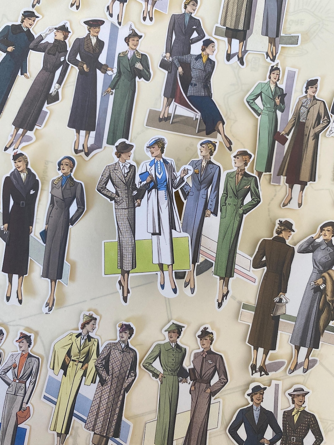 Neutral 1940s Fashion Stickers 19pc, Beige Brown Cream Ladies Coats ...