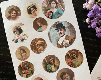 Victorian people sticker sheet, mini sticker sheet   with 1900s French portraits, circle kiss cut stickers