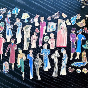 Autocollants rétro élégants pour femmes | 25 personnages corporatifs vintage dans des tenues colorées | Scrapbooking et journaux éphémères | Papeterie française